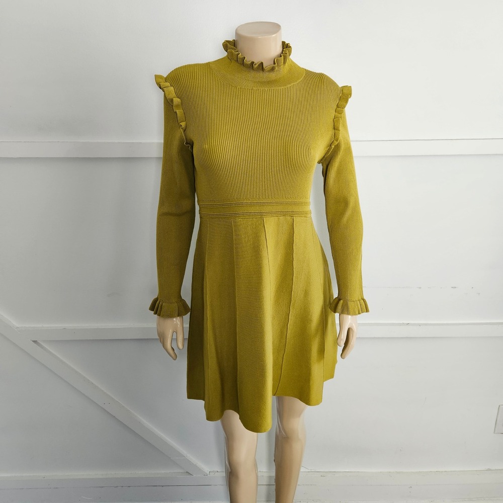 Hailey Lyn Mustard Ruffle Mock Neck Ribbed Knit Fit & Flare Sweater Dress XLP